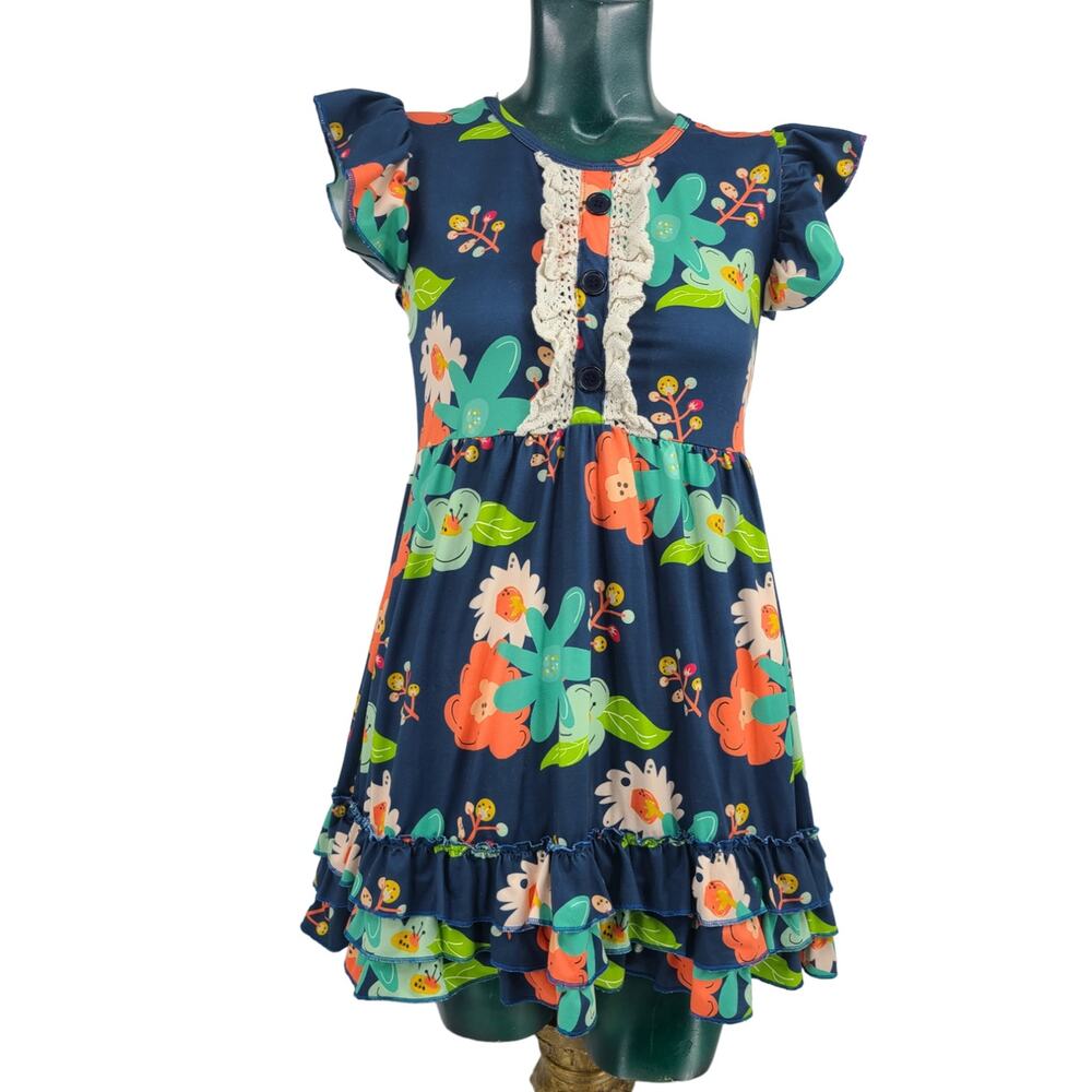 Adorable Sweetness Floral & Lace Ruffle Girl Dress Navy Blue Size 10 2262